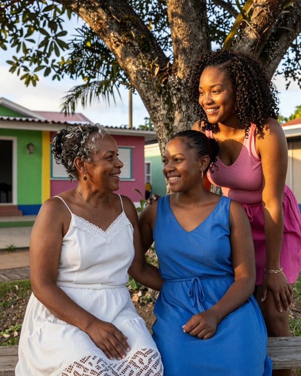 Three generations of Haitian women gathered outdoors - the matriarchal family bond that defines Haitian relationships and dating culture