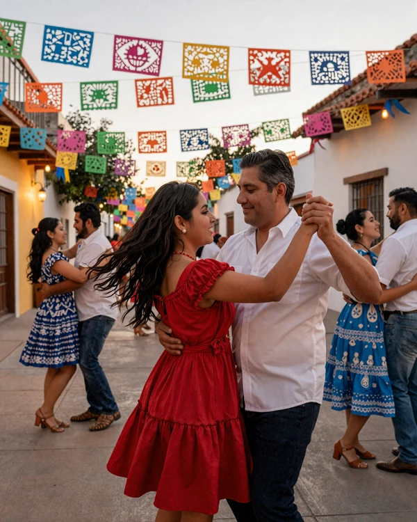 American man and Mexican woman dancing together at a colorful outdoor fiesta - dating culture in Mexico