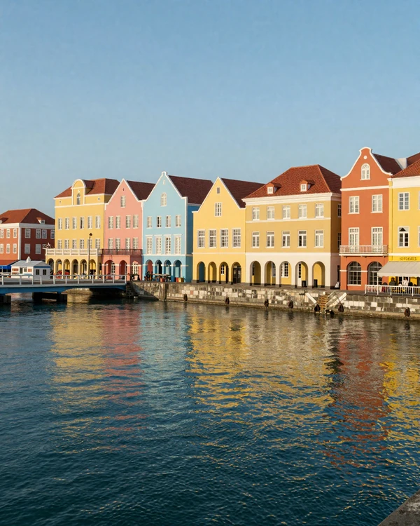 Iconic Handelskade colorful buildings in Willemstad Curaçao - the European-Caribbean architectural blend that defines Dutch Antillean culture