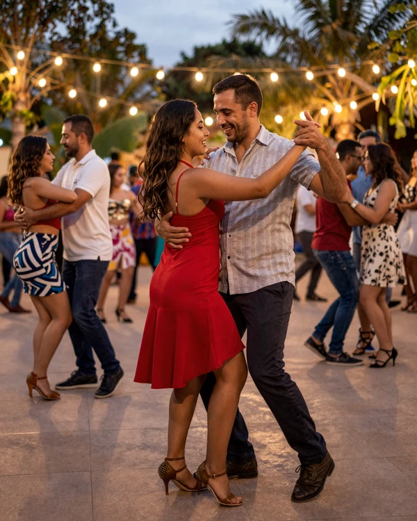 Venezuelan couple dancing salsa at a family gathering - authentic Venezuelan dating culture and romance traditions