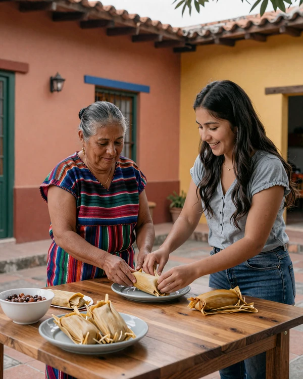 Guatemalan mother and daughter preparing traditional tamales together - multigenerational family values and cooking traditions in Guatemala