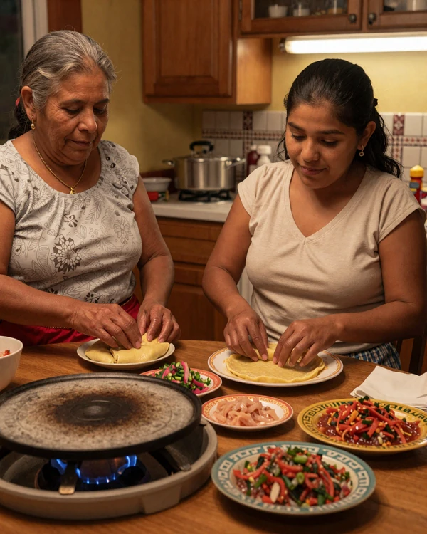 Salvadoran family making pupusas together - food as the heart of Salvadoran dating culture and family bonds