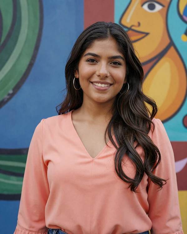 Beautiful Salvadoran woman smiling in front of a vibrant San Salvador mural - authentic Salvadoran dating culture and warmth