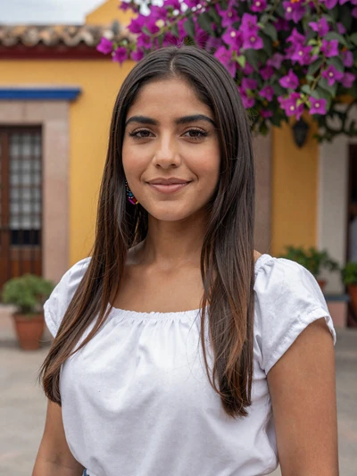 Carmen, 27, Mexican single from Guadalajara in a colorful courtyard with bougainvillea