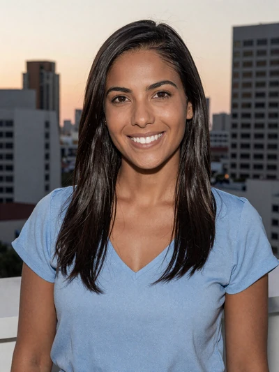 Tatiana, 30, Brazilian single from São Paulo on a rooftop terrace at sunset