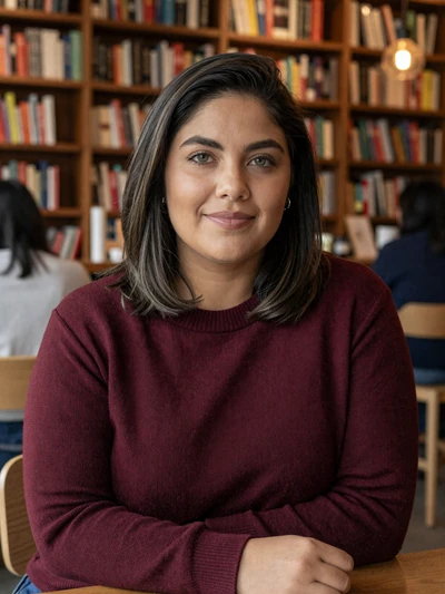Fernanda, 30, Colombian single from Bogotá in a cozy bookstore cafe
