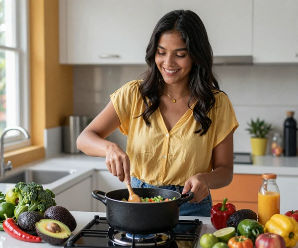 Latina woman cooking traditional Latin American cuisine in a warm colorful kitchen with fresh ingredients
