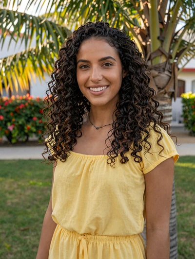 Yesenia, 27, verified Dominican single from Santiago with a bright smile in a tropical garden