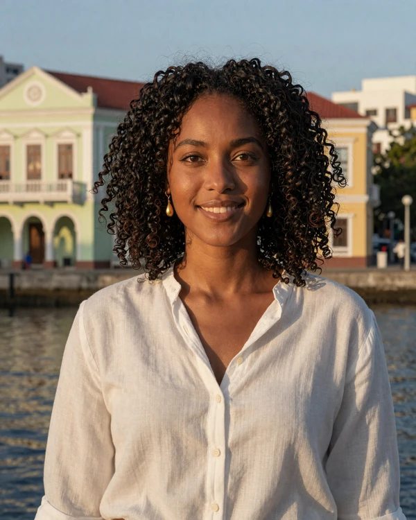 Elegant Barbadian woman at Bridgetown waterfront showcasing Bajan confidence and Caribbean dating culture