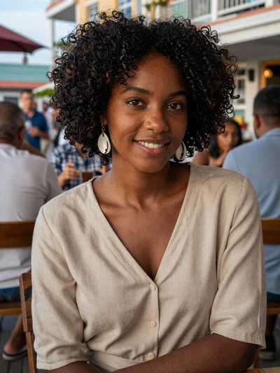 Carmen, 30, verified Cuban single from Santiago de Cuba at a tropical outdoor cafe