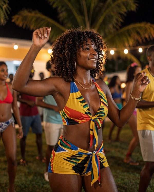 Jamaican woman dancing at an outdoor reggae event - music and romance intertwined in Jamaican dating culture