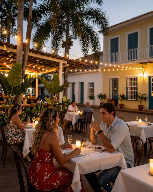 Romantic outdoor dining at a Creole restaurant in Cayenne French Guiana - European-Caribbean dating culture at its finest
