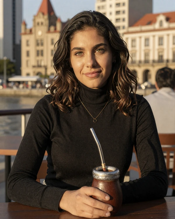 Elegant Uruguayan woman enjoying mate at a Montevideo waterfront café - authentic Uruguayan dating culture and understated sophistication