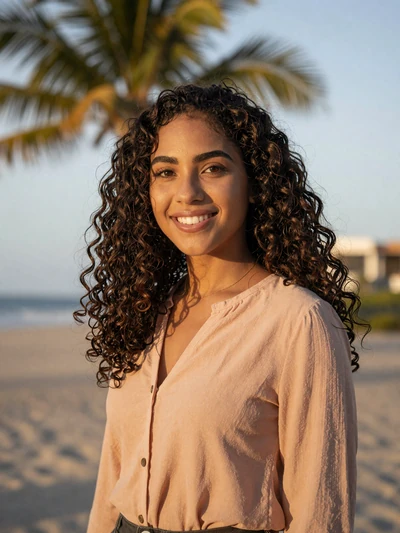 Camila, 24, Dominican single from Santo Domingo near a tropical beach at golden hour