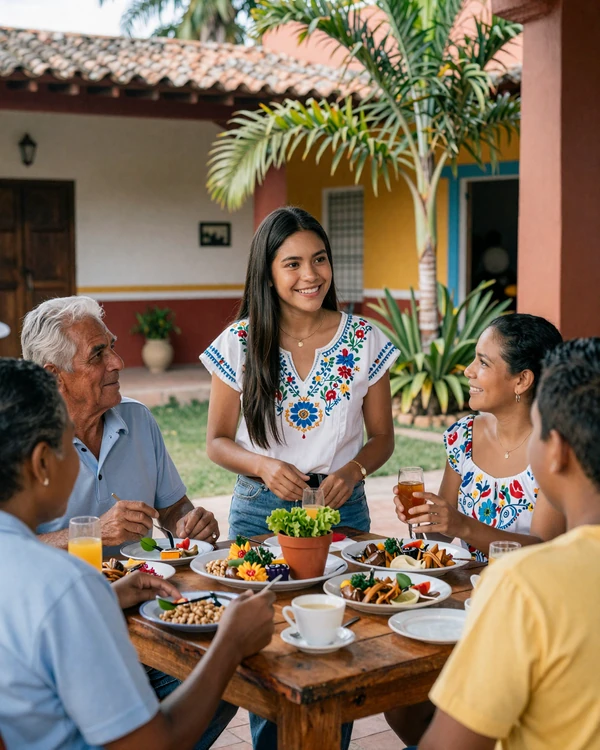 Nicaraguan woman with her family at a traditional courtyard gathering - family-centered dating culture in Nicaragua