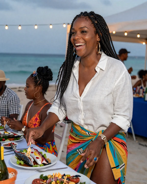 Bahamian woman laughing at a Nassau fish fry beach event - authentic Bahamian dating culture and social traditions