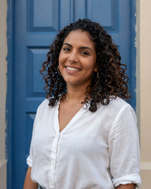 Beautiful Puerto Rican woman smiling beside a colorful colonial door in Old San Juan - authentic Puerto Rican dating culture