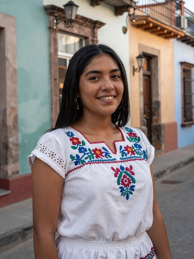 Rocío, 27, Mexican single from Mexico City in a traditional embroidered blouse