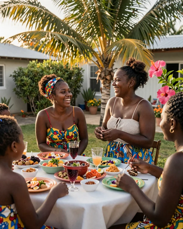Jamaican women enjoying a family gathering in a tropical backyard - authentic Jamaican dating culture centered on community and food