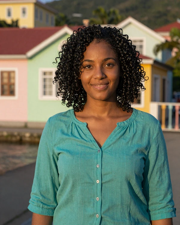 Grenadian woman smiling on the Carenage waterfront in St. George's - authentic Spice Island warmth and Caribbean beauty