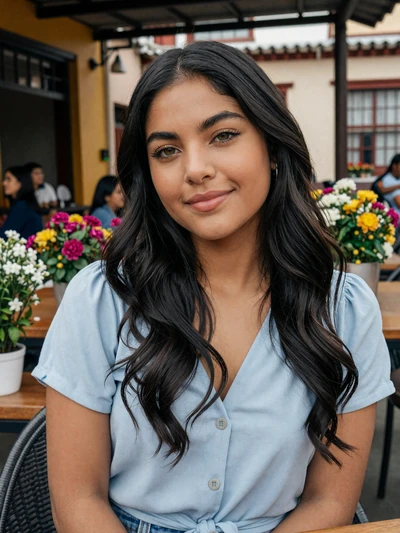 Fernanda, 24, verified Colombian single from Medellín at an outdoor cafe surrounded by flowers