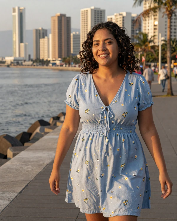 Ecuadorian woman strolling the Malecón 2000 in Guayaquil at golden hour - the coastal dating culture of Ecuador