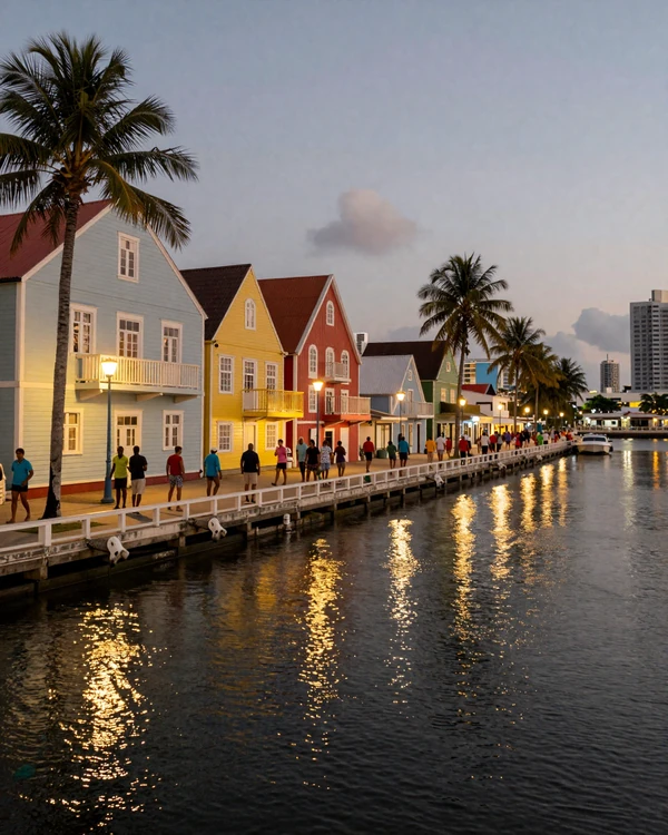 Paramaribo Waterkant waterfront district in the evening - where Surinamese singles socialize along the Suriname River