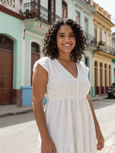 Yuliana, 25, verified Cuban single from Havana smiling on a colorful street