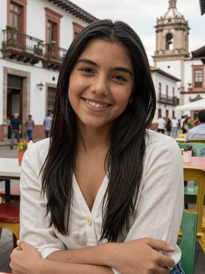 María José, 25, Ecuadorian single from Quito smiling at a colorful outdoor cafe
