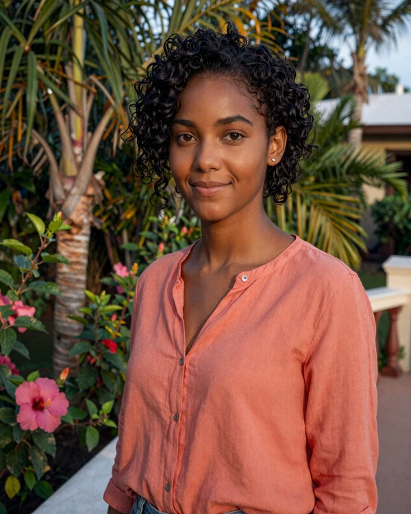 Beautiful Saint Lucian woman in tropical garden setting showcasing the French Creole elegance and Caribbean warmth of Saint Lucia dating culture
