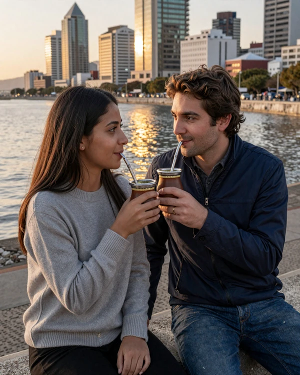 Couple sharing mate on Montevideo's Rambla promenade at sunset - the heart of Uruguayan dating culture and social connection
