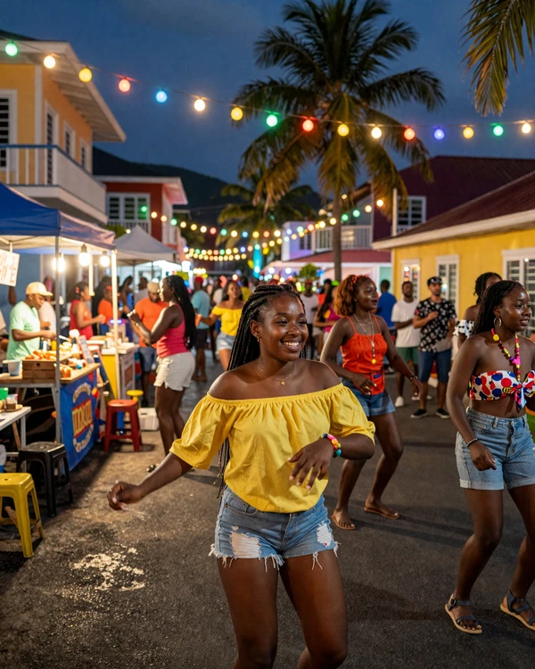 Saint Lucian Friday Night Jump-Up street party in Gros Islet - vibrant Caribbean dating culture with soca music and dancing