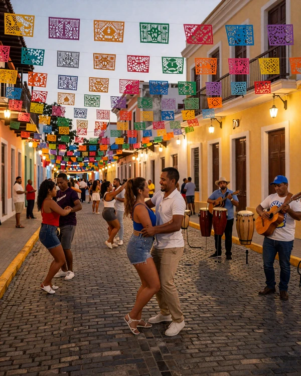 Vibrant Puerto Rican street festival with salsa dancing in Old San Juan - authentic boricua dating culture and Caribbean romance