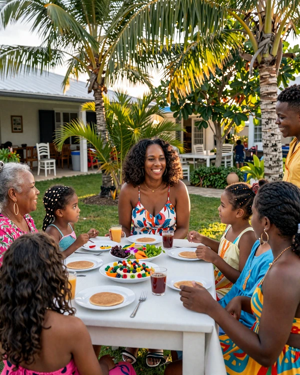 Bahamian family gathering outdoors with tropical food and warm community atmosphere - island family traditions and values