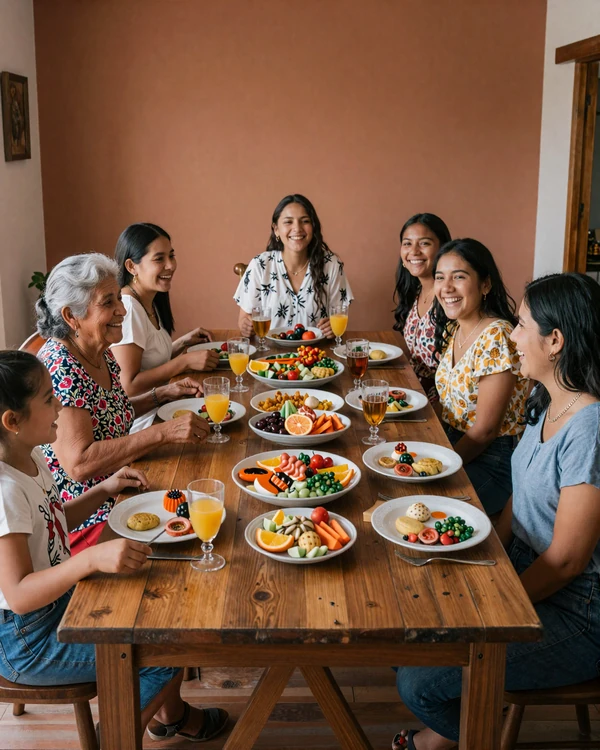 Multi-generational Ecuadorian family sharing Sunday almuerzo lunch - the foundation of Andean family values and Ecuadorian romance