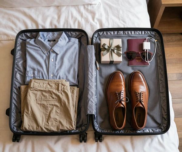 Neatly packed suitcase with smart-casual clothing and travel essentials for a Latin America romance trip