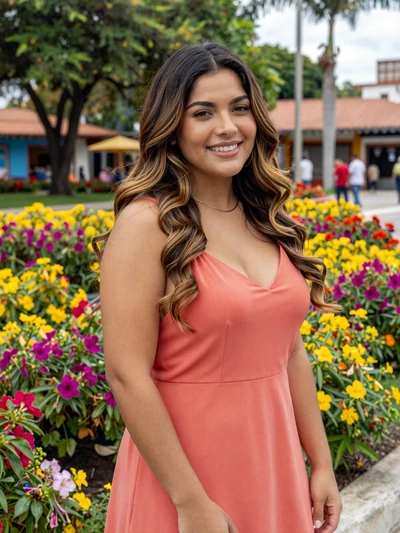 Valentina, 28, Colombian single from Medellín smiling in a flower-filled park