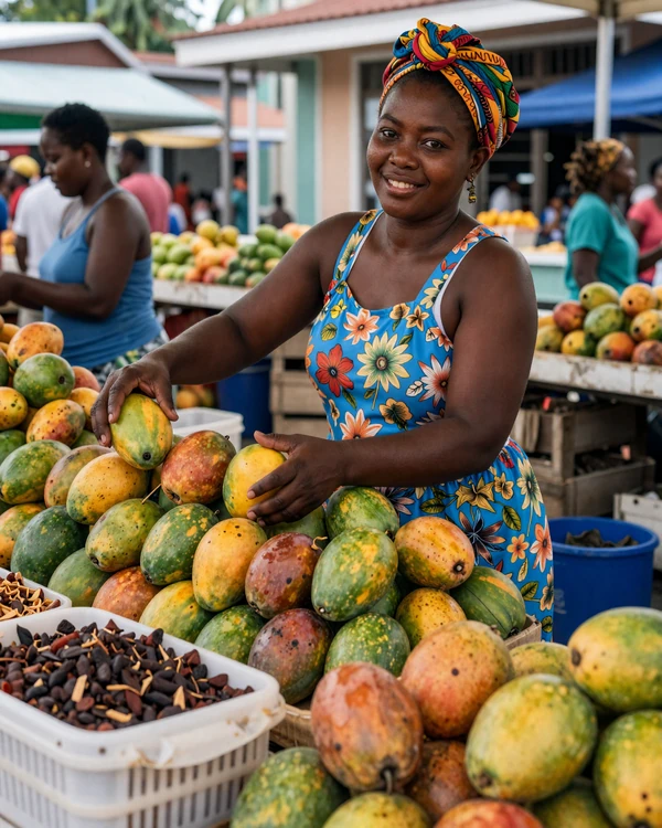 Vibrant Castries market scene with Saint Lucian woman showcasing the island's French Creole and Caribbean cultural heritage