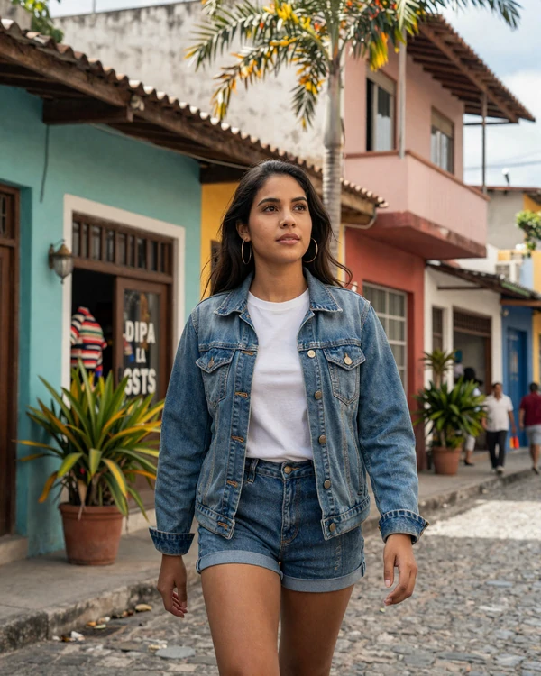 Venezuelan woman walking through a vibrant multicultural neighborhood - Venezuelan diaspora dating and cultural connection