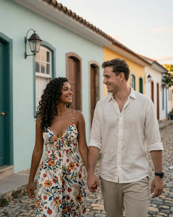 American man and Brazilian woman walking hand-in-hand through a colorful colonial street - cross-cultural dating in Brazil
