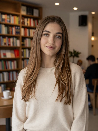 Daniela, 26, Argentinian single from Buenos Aires smiling in a cozy bookstore cafe