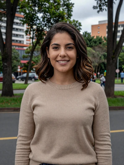 Mariana, 31, verified Colombian single from Bogotá smiling confidently in a green city park