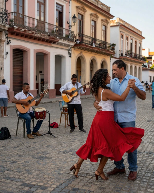 Cuban couple dancing salsa on a vibrant Havana street with live musicians - authentic Cuban dating culture and musical romance