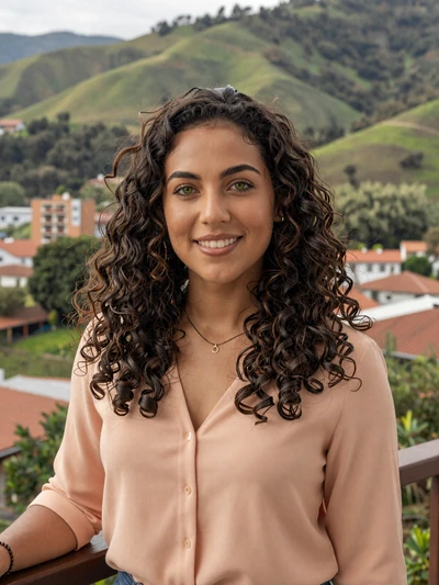 Paola, 28, Colombian single from Medellín on a balcony overlooking green hills