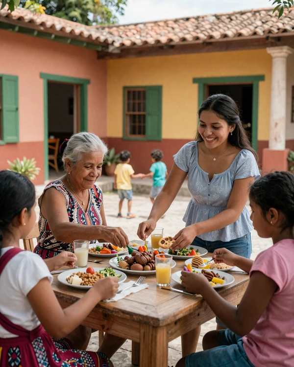 Multi-generational Honduran family sharing a meal together outdoors - the central role of family in Honduran dating and relationship culture