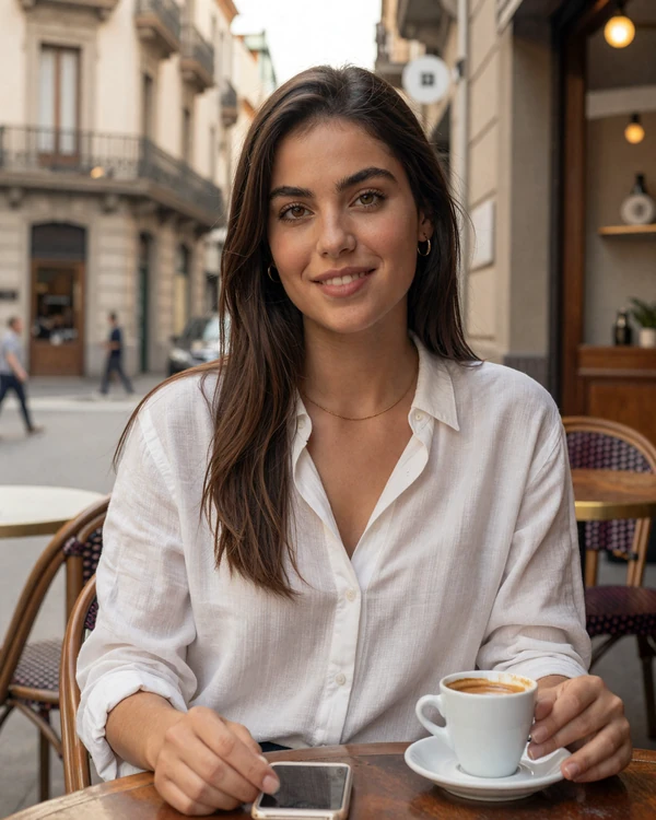 Elegant Argentinian woman enjoying coffee at a Buenos Aires café - authentic Argentine dating culture and European-inspired sophistication