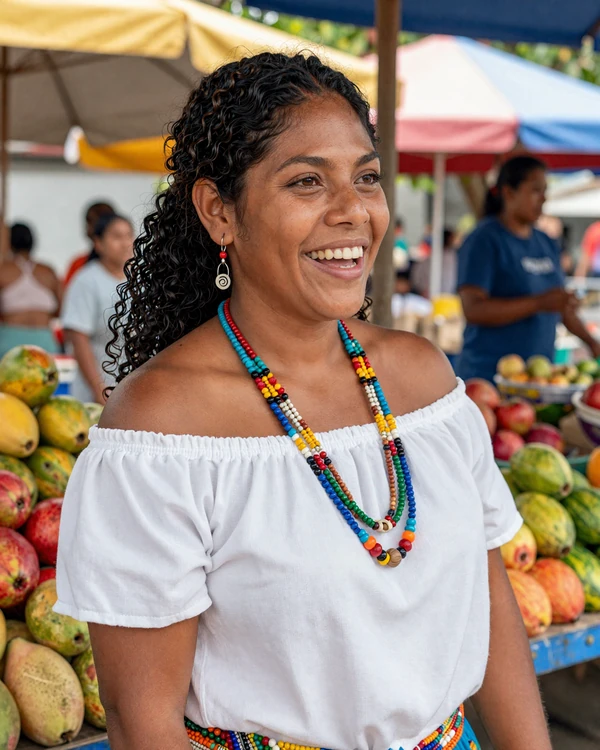 Garifuna Belizean woman at a vibrant outdoor market in Dangriga - Belizean dating culture blends Caribbean and Central American traditions