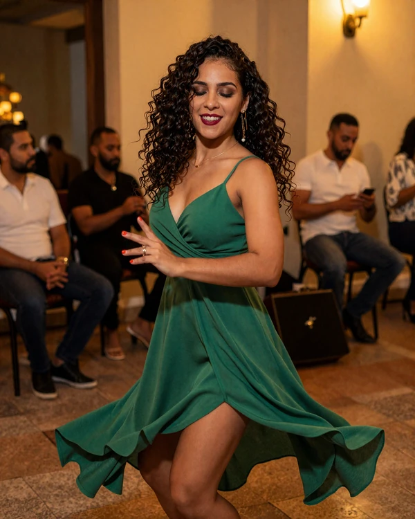 Cuban woman dancing salsa in a live music venue with warm golden lighting - music and romance in Cuban dating culture