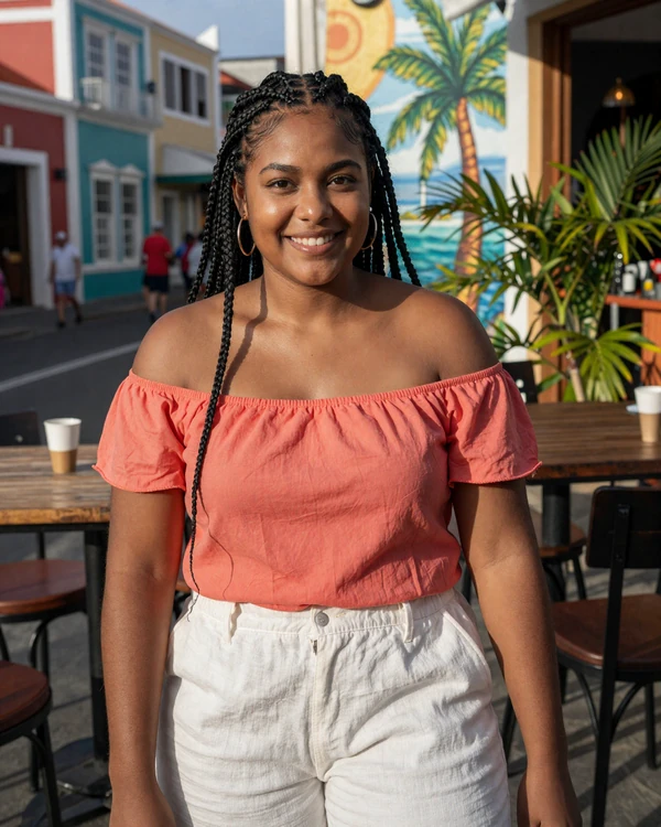 Dutch Antillean woman at a Pietermaai café in Curaçao - Caribbean dating culture blending Dutch directness with island warmth