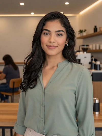 Camila, 26, Colombian single from Bogotá in a modern coffee shop with warm lighting